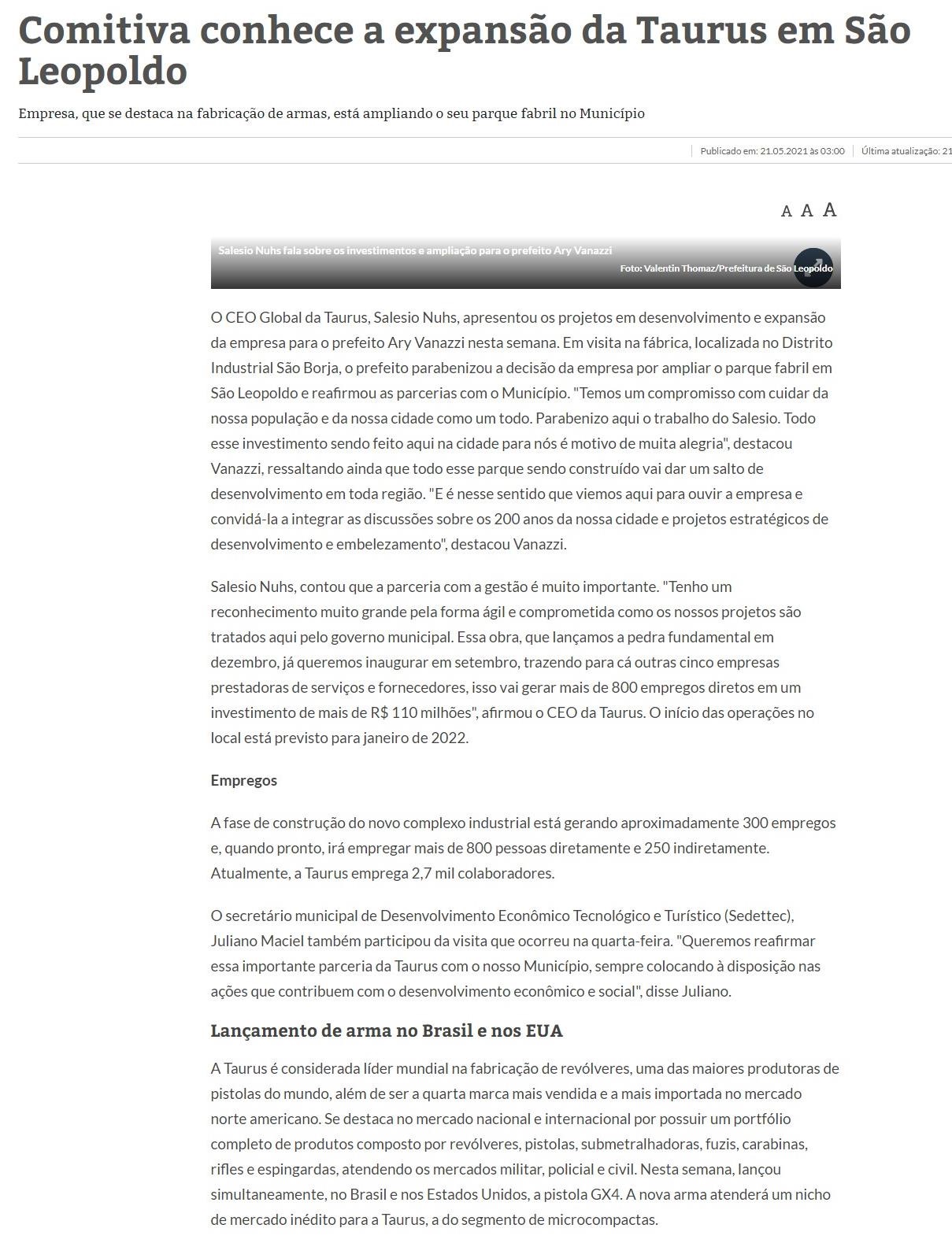 COMITIVA CONHECE A EXPANSãO DA TAURUS EM SãO LEOPOLDO