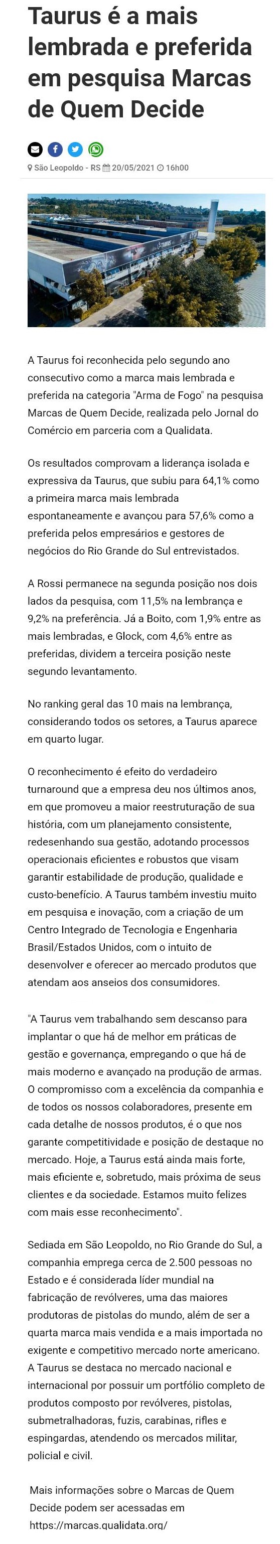 TAURUS é A MAIS LEMBRADA E PREFERIDA EM PESQUISA MARCAS DE QUEM DECIDE