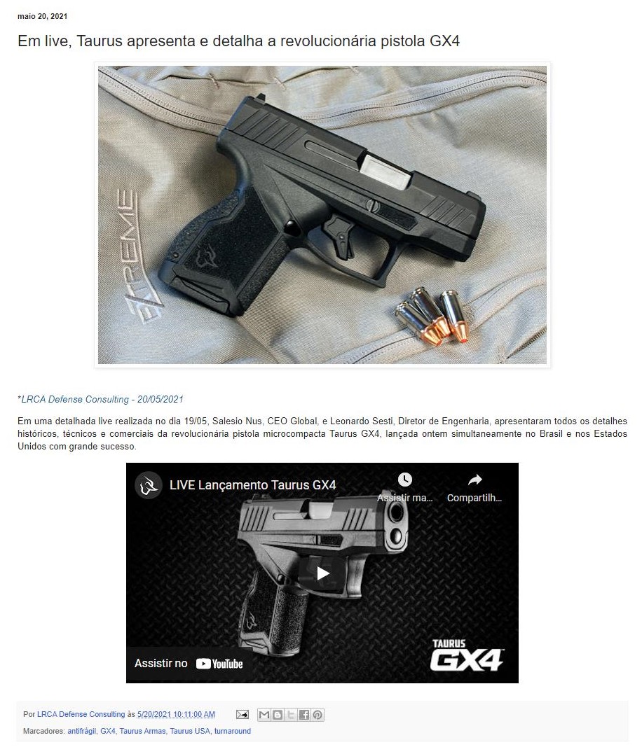 EM LIVE, TAURUS APRESENTA E DETALHA A REVOLUCIONáRIA PISTOLA GX4
