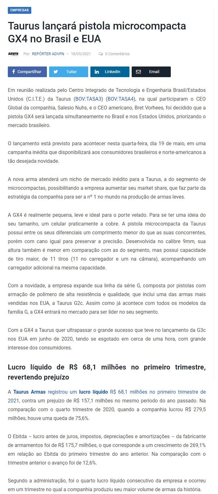 TAURUS LANçARá PISTOLA MICROCOMPACTA GX4 NO BRASIL E EUA
