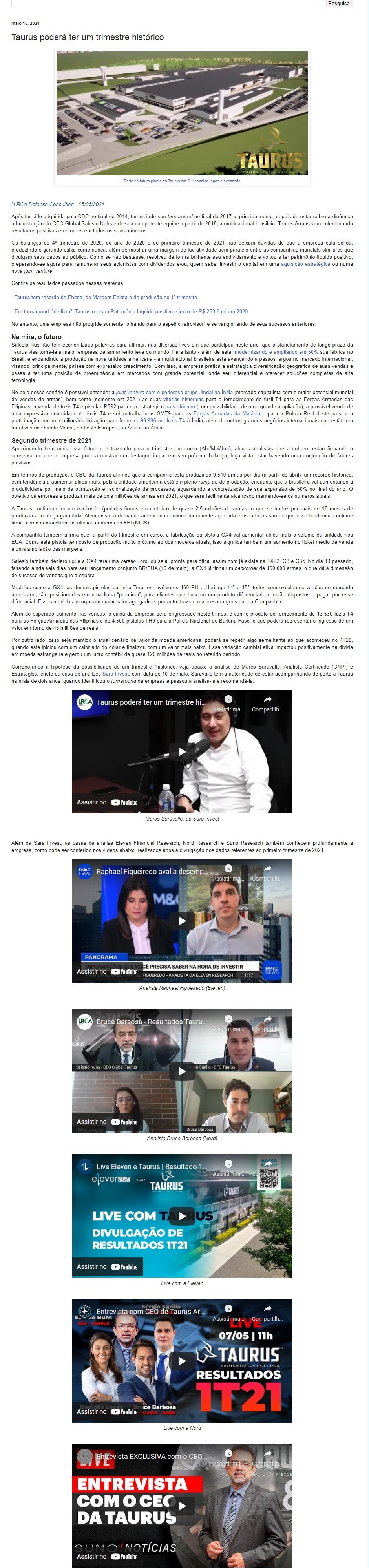 TAURUS PODERá TER UM TRIMESTRE HISTóRICO