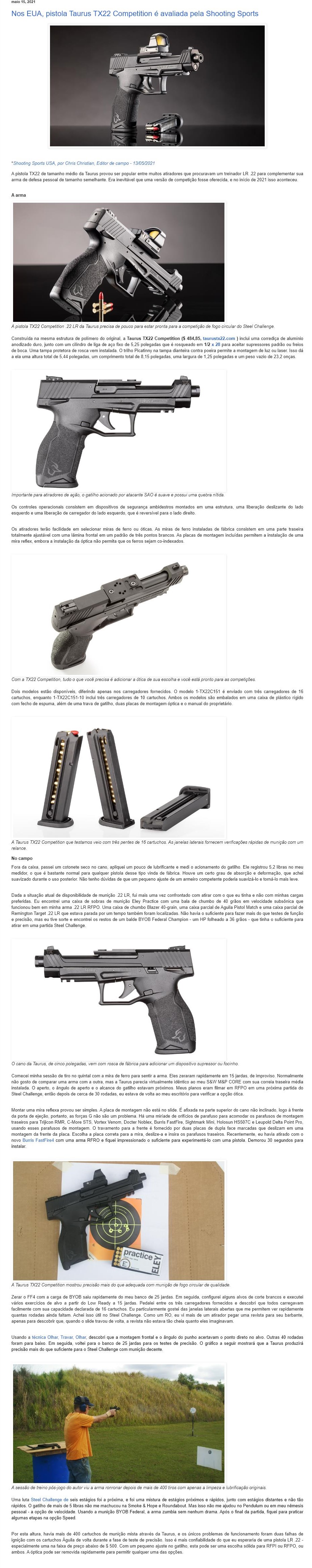 NOS EUA, PISTOLA TAURUS TX22 COMPETITION é AVALIADA PELA SHOOTING SPORTS