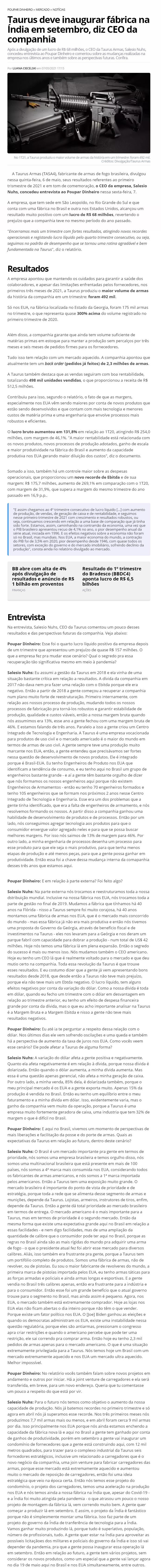 TAURUS DEVE INAUGURAR FáBRICA NA ÍNDIA EM SETEMBRO, DIZ CEO DA COMPANHIA