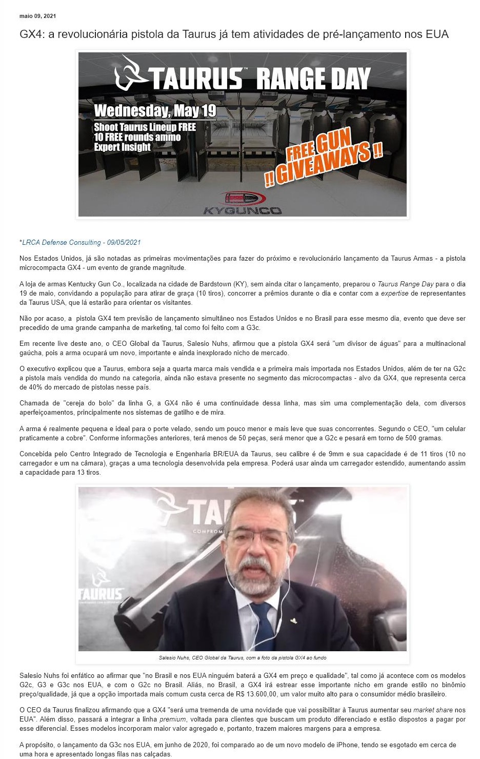 GX4: A REVOLUCIONáRIA PISTOLA DA TAURUS Já TEM ATIVIDADES DE PRé-LANçAMENTO NOS EUA