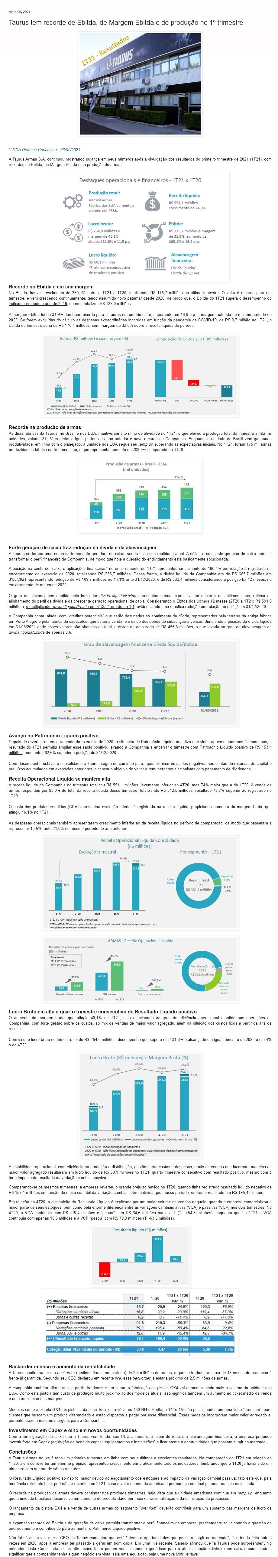 TAURUS TEM RECORDE DE EBITDA, DE MARGEM EBITDA E DE PRODUçãO NO 1º TRIMESTRE
