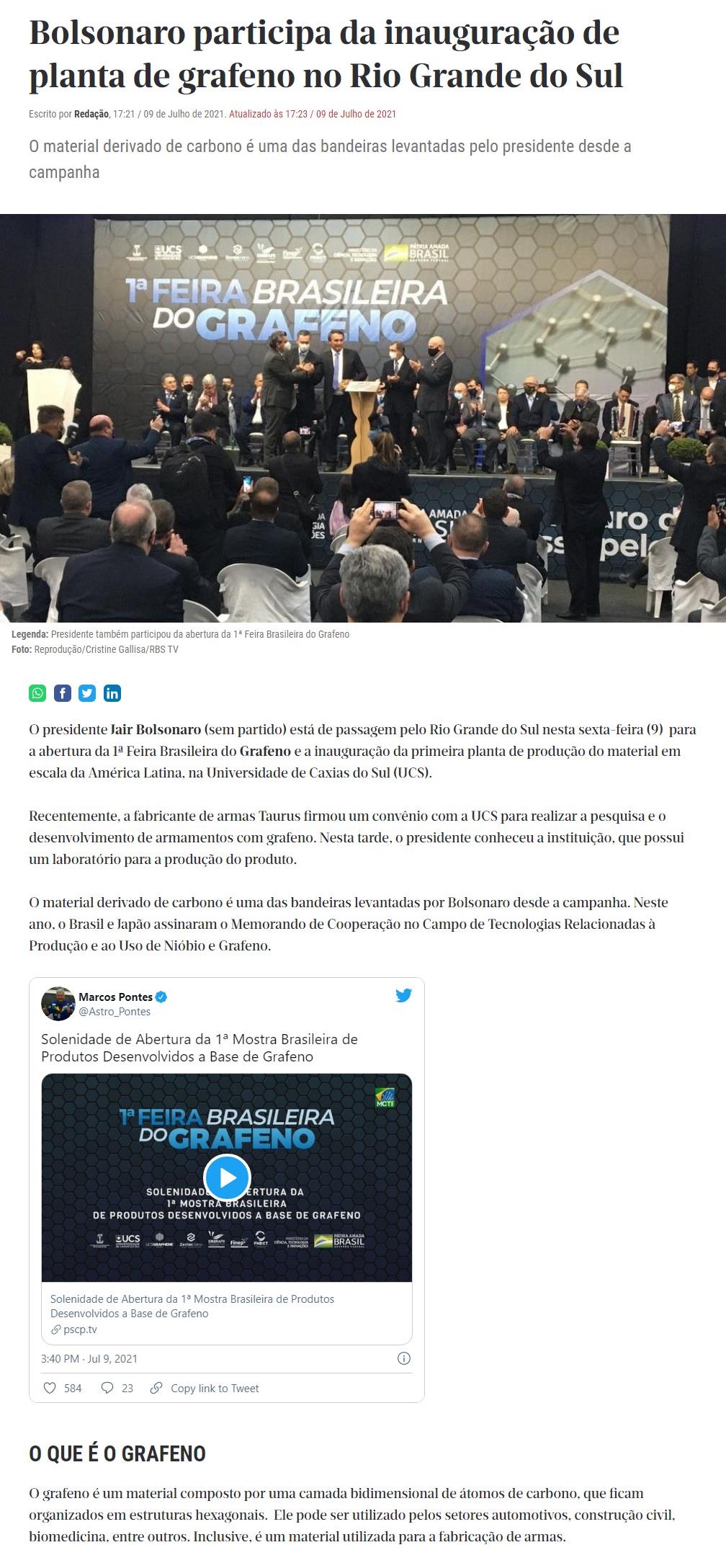 BOLSONARO PARTICIPA DA INAUGURAçãO DE PLANTA DE GRAFENO NO RIO GRANDE DO SUL