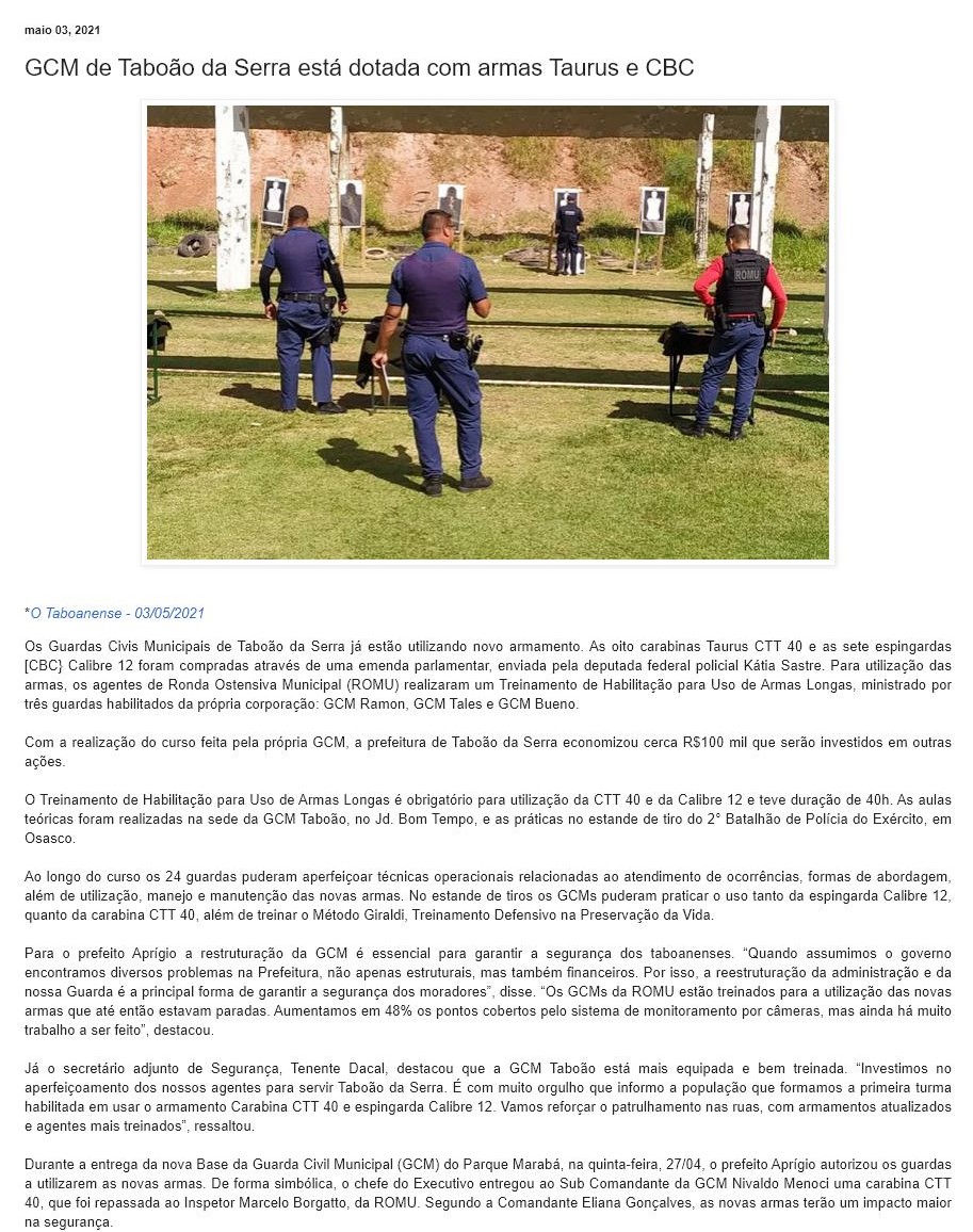 GCM DE TABOãO DA SERRA ESTá DOTADA COM ARMAS TAURUS E CBC