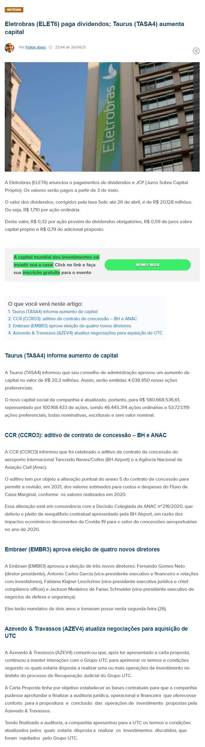 ELETROBRAS (ELET6) PAGA DIVIDENDOS; TAURUS (TASA4) AUMENTA CAPITAL