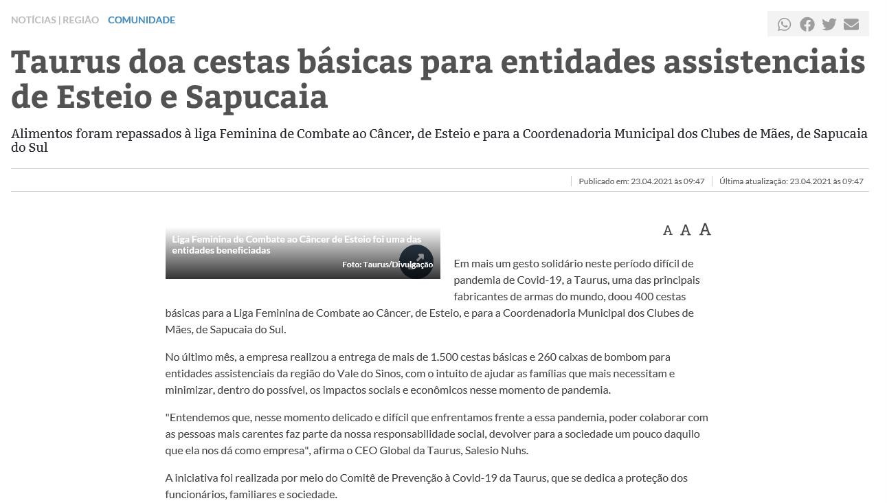 TAURUS DOA CESTAS BáSICAS PARA ENTIDADES ASSISTENCIAIS DE ESTEIO E SAPUCAIA