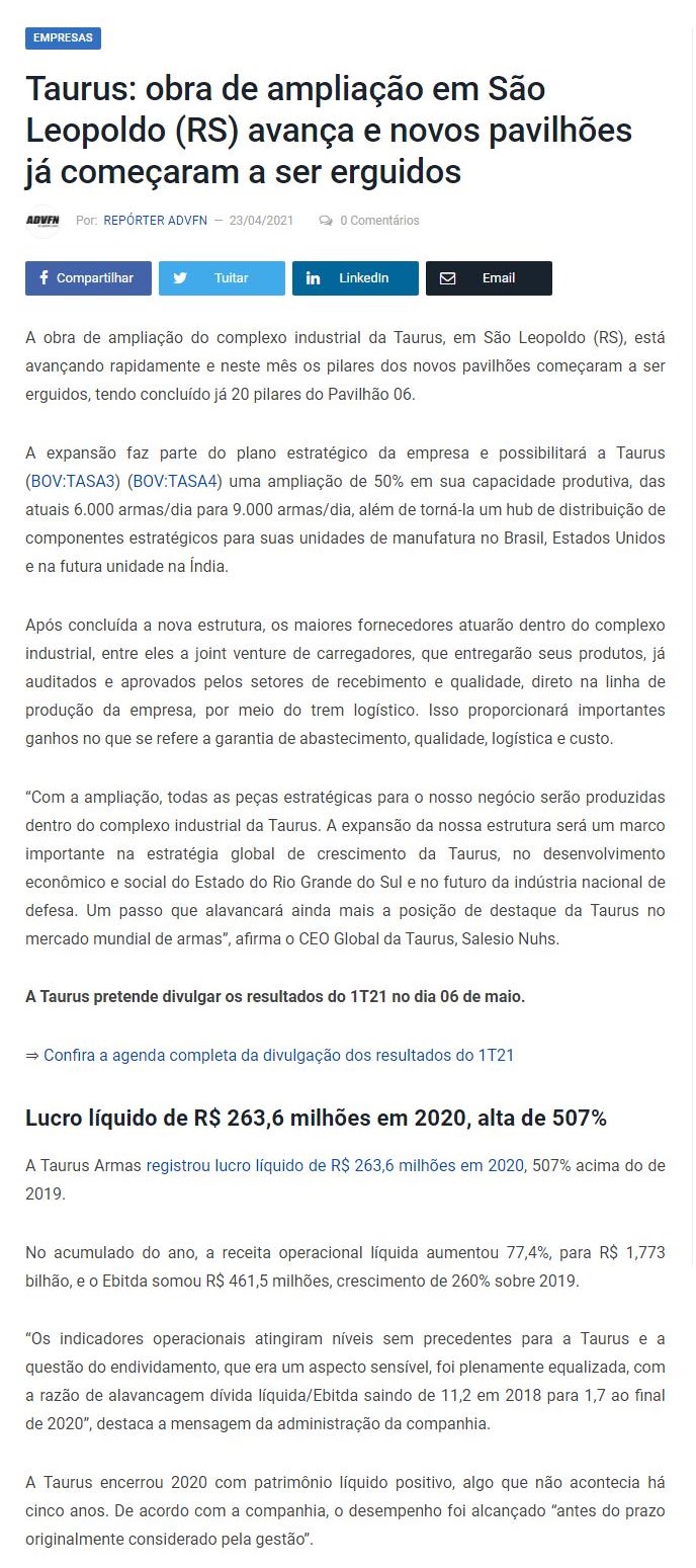 TAURUS: OBRA DE AMPLIAçãO EM SãO LEOPOLDO (RS) AVANçA E NOVOS PAVILHõES Já COMEçARAM A SER ERGUIDOS
