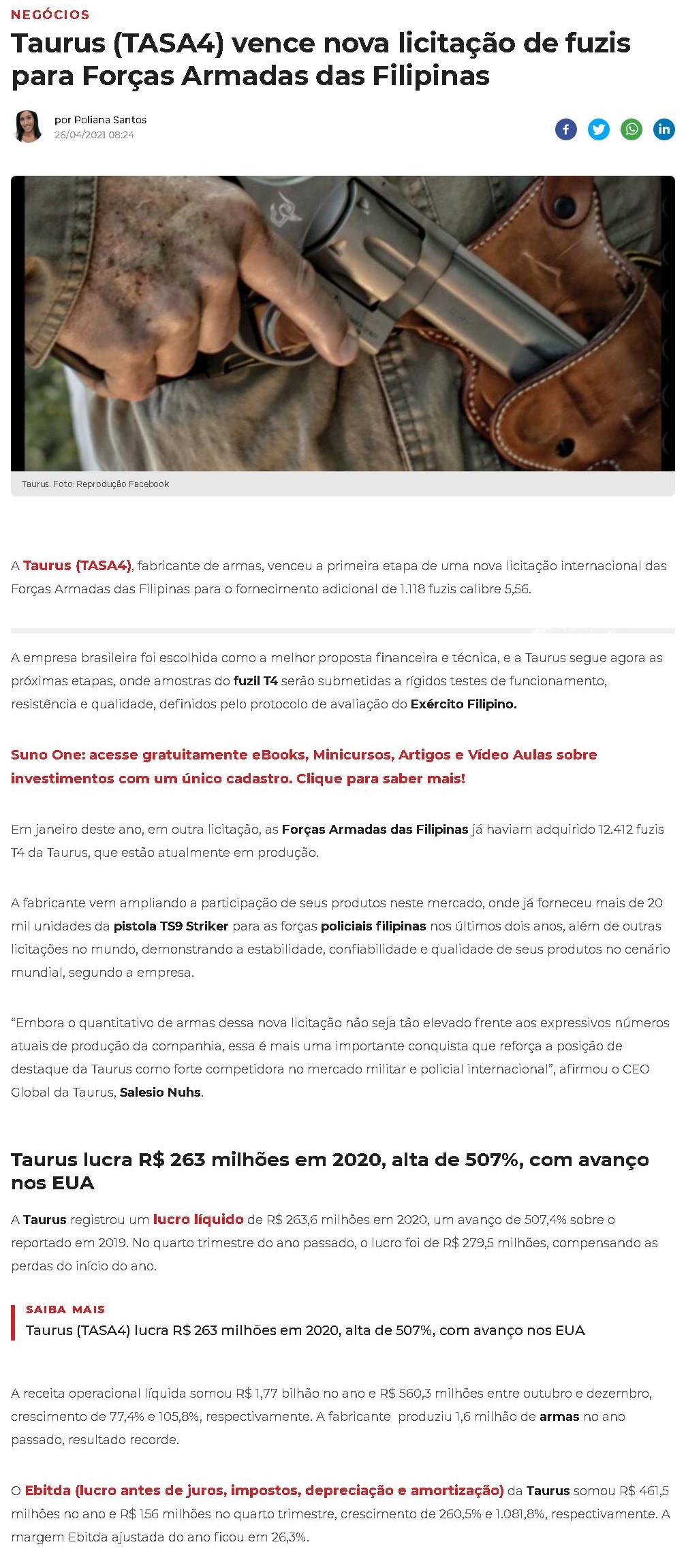 TAURUS (TASA4) VENCE NOVA LICITAçãO DE FUZIS PARA FORçAS ARMADAS DAS FILIPINAS
