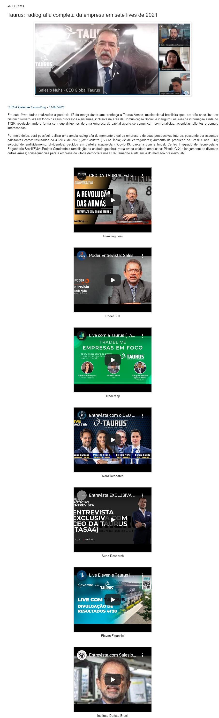 TAURUS: RADIOGRAFIA COMPLETA DA EMPRESA EM SETE LIVES DE 2021