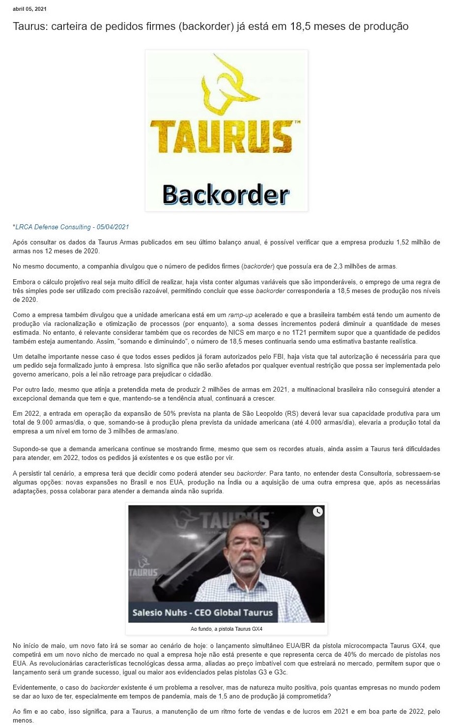 TAURUS: CARTEIRA DE PEDIDOS FIRMES (BACKORDER) Já ESTá EM 18,5 MESES DE PRODUçãO