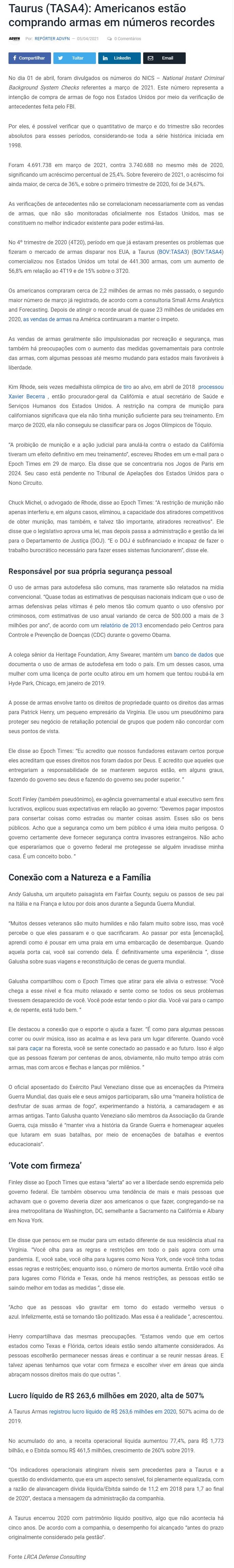 TAURUS (TASA4): AMERICANOS ESTãO COMPRANDO ARMAS EM NúMEROS RECORDES