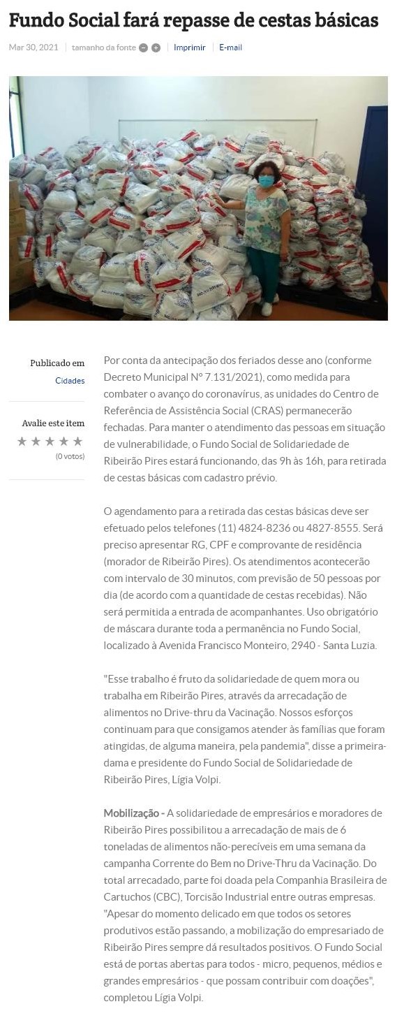 FUNDO SOCIAL FARá REPASSE DE CESTAS BáSICAS