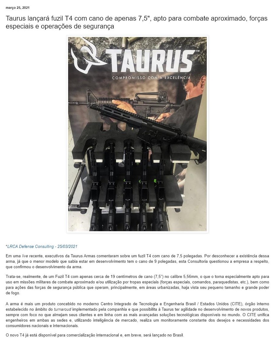 TAURUS LANçARá FUZIL T4 COM CANO DE APENAS 7,5'', APTO PARA COMBATE APROXIMADO, FORçAS ESPECIAIS E OPERAçõES DE SEGURANçA