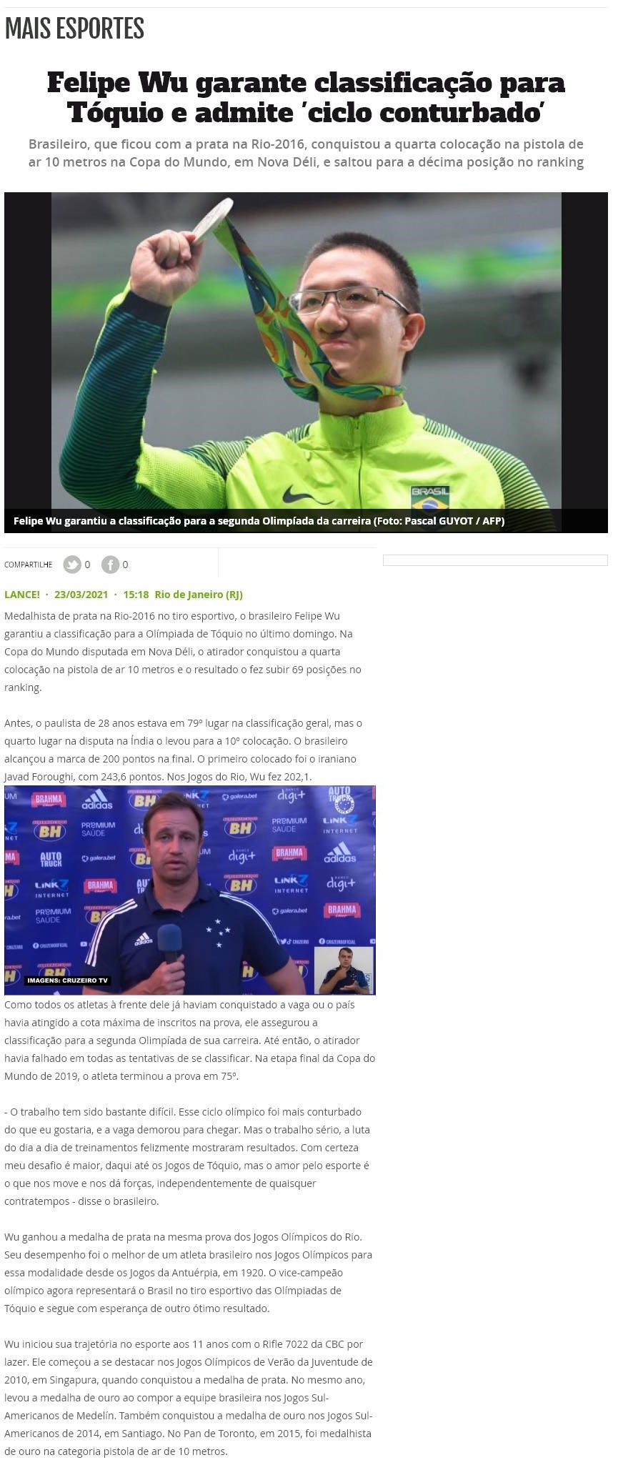 FELIPE WU GARANTE CLASSIFICAçãO PARA TóQUIO E ADMITE 'CICLO CONTURBADO'