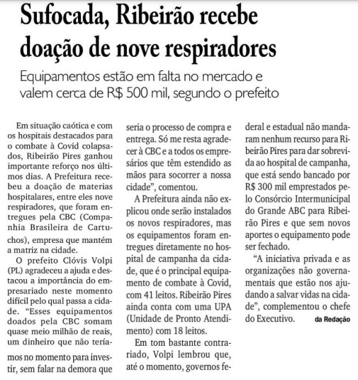 SUFOCADA, RIBEIRãO RECEBE DOAçãO DE NOVE RESPIRADORES 
