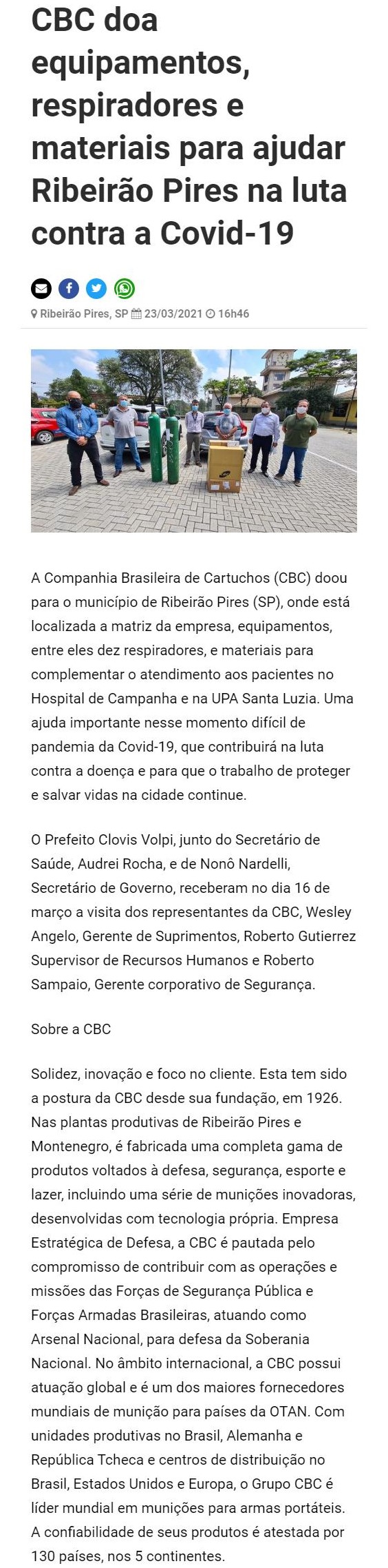 CBC DOA EQUIPAMENTOS, RESPIRADORES E MATERIAIS PARA AJUDAR RIBEIRãO PIRES NA LUTA CONTRA A COVID-19