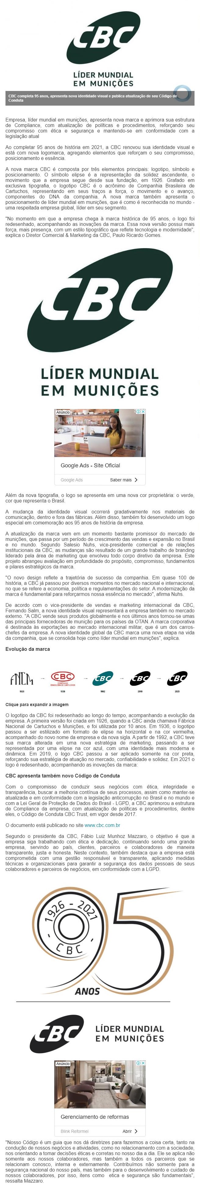 CBC COMPLETA 95 ANOS, APRESENTA NOVA IDENTIDADE VISUAL E PUBLICA ATUALIZAçãO DE SEU CóDIGO DE CONDUTA