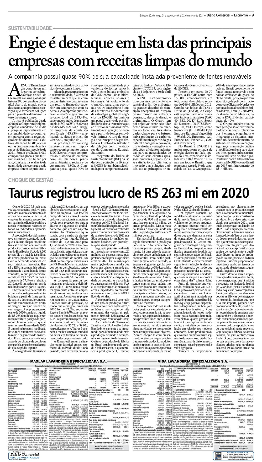 TAURUS REGISTROU LUCRO DE RS 263 MI EM 2020 