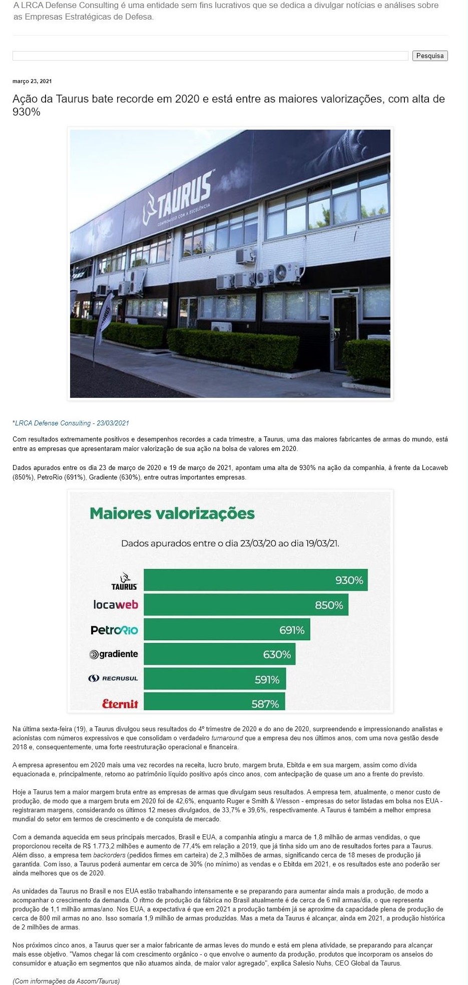 AçãO DA TAURUS BATE RECORDE EM 2020 E ESTá ENTRE AS MAIORES VALORIZAçõES, COM ALTA DE 930%