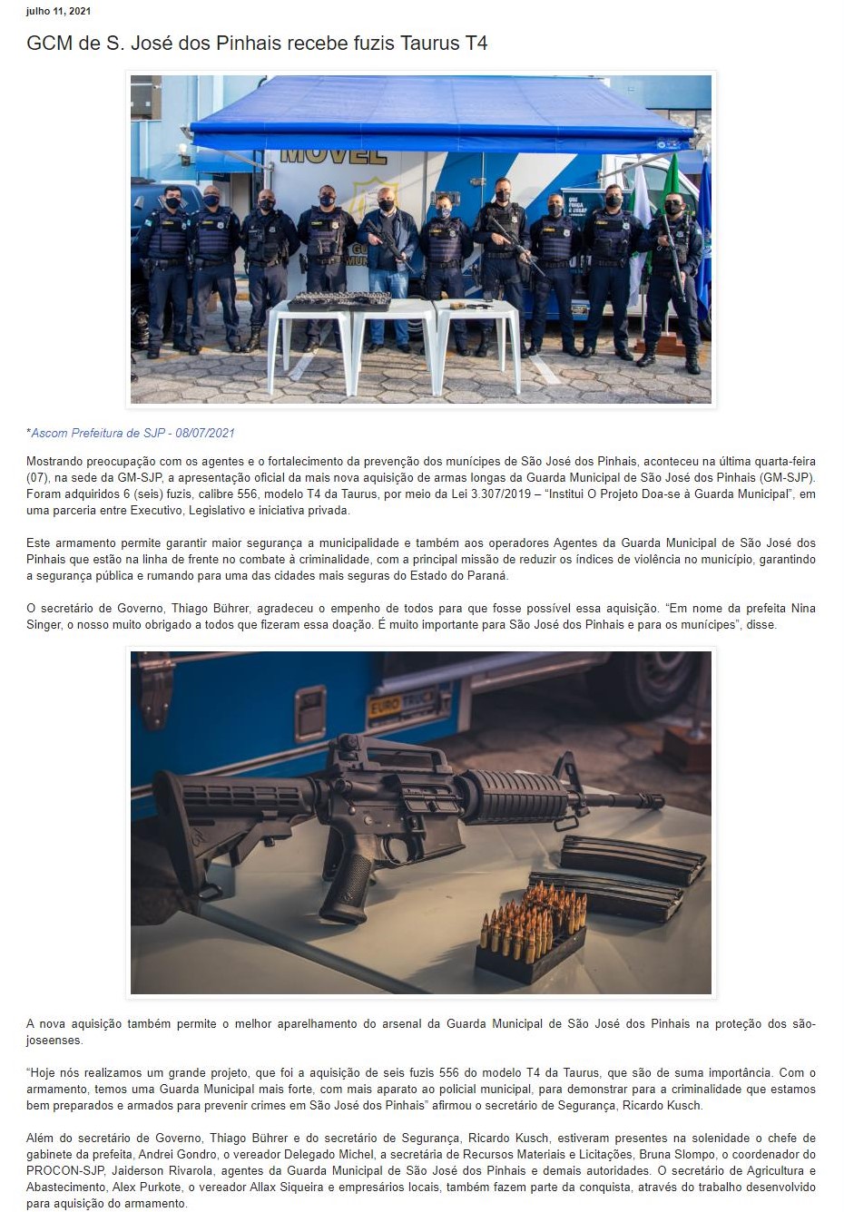 GCM DE S. JOSé DOS PINHAIS RECEBE FUZIS TAURUS T4