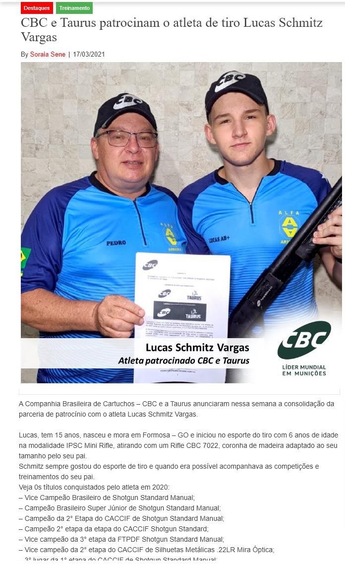 CBC E TAURUS PATROCINAM O ATLETA DE TIRO LUCAS SCHMITZ VARGAS