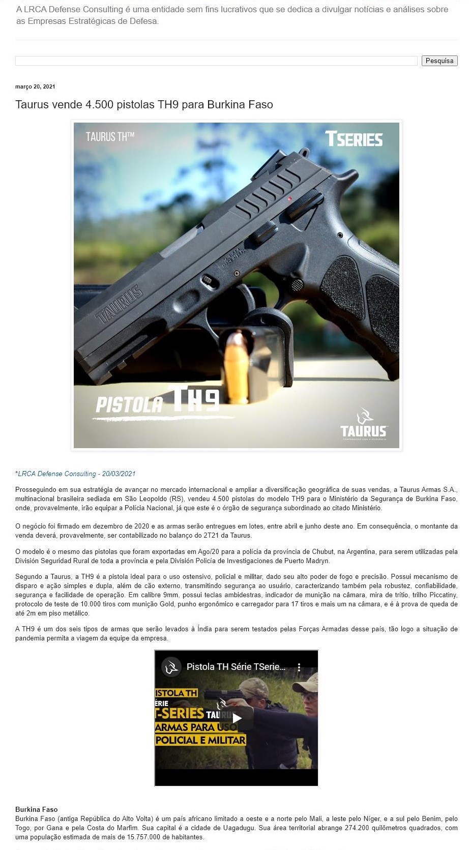 TAURUS VENDE 4.500 PISTOLAS TH9 PARA BURKINA FASO