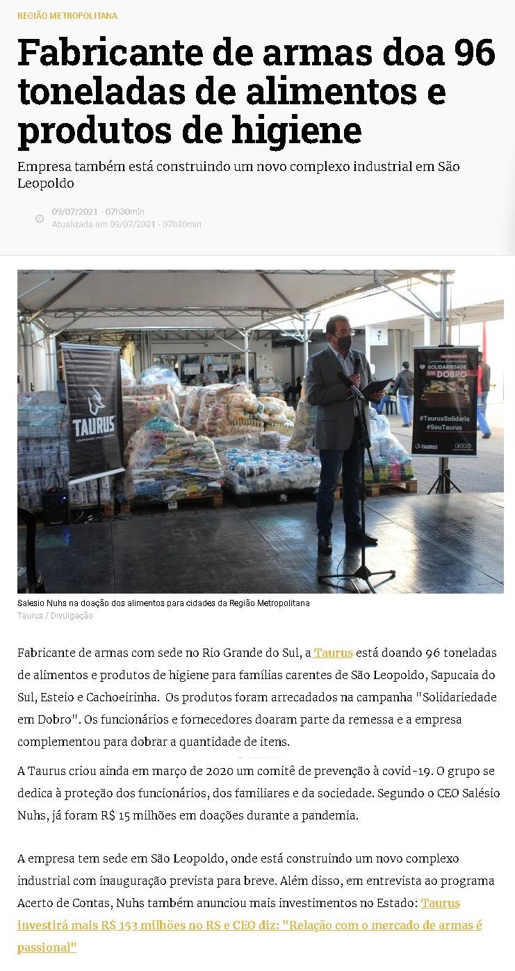 FABRICANTE DE ARMAS DOA 96 TONELADAS DE ALIMENTOS E PRODUTOS DE HIGIENE