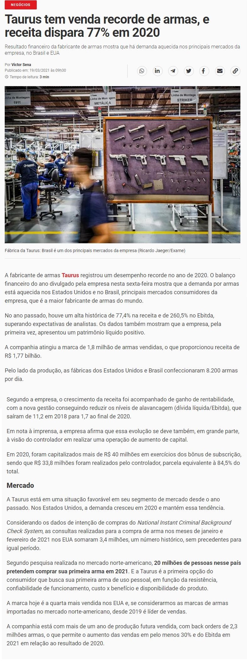 TAURUS TEM VENDA RECORDE DE ARMAS, E RECEITA DISPARA 77% EM 2020