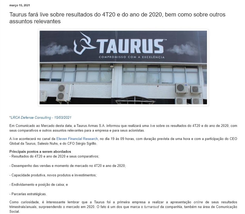 TAURUS FARá LIVE SOBRE RESULTADOS DO 4T20 E DO ANO DE 2020, BEM COMO SOBRE OUTROS ASSUNTOS RELEVANTES
