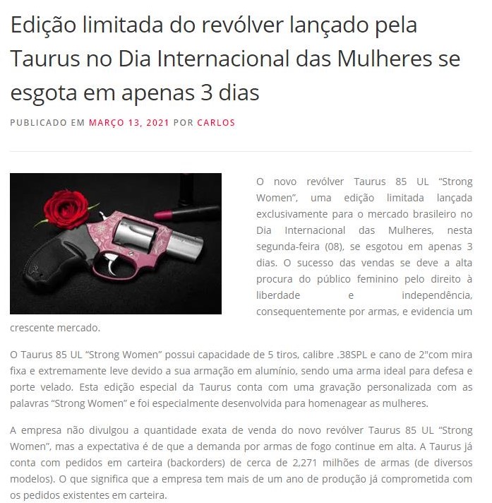 EDIçãO LIMITADA DO REVóLVER LANçADO PELA TAURUS NO DIA INTERNACIONAL DAS MULHERES SE ESGOTA EM APENAS 3 DIAS