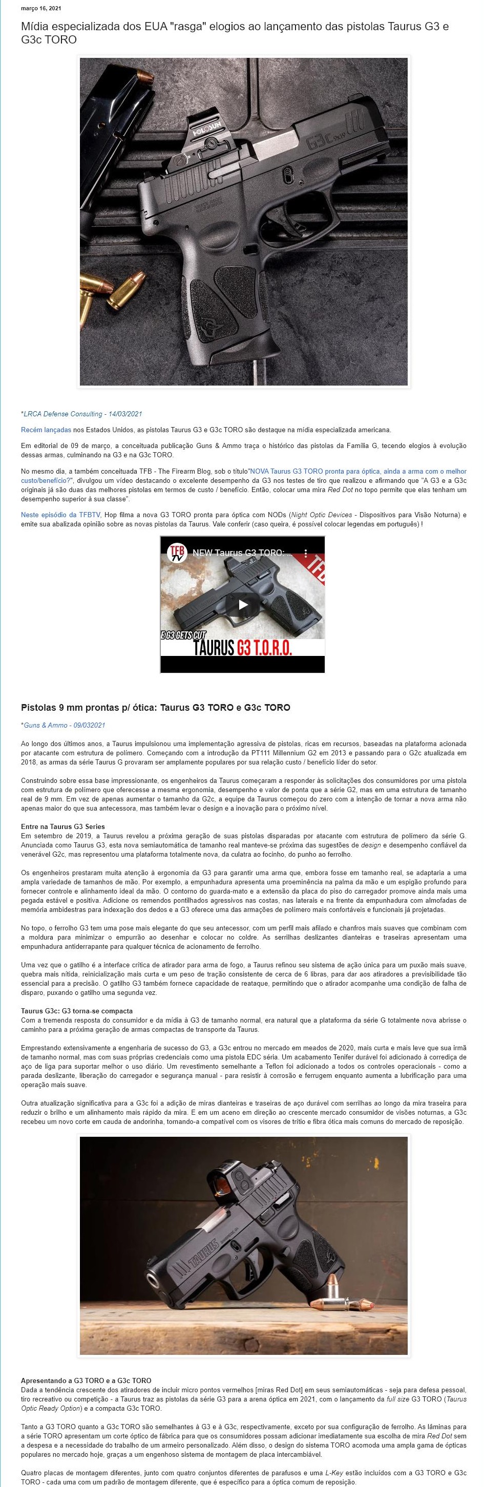 MíDIA ESPECIALIZADA DOS EUA ''RASGA'' ELOGIOS AO LANçAMENTO DAS PISTOLAS TAURUS G3 E G3C TORO
