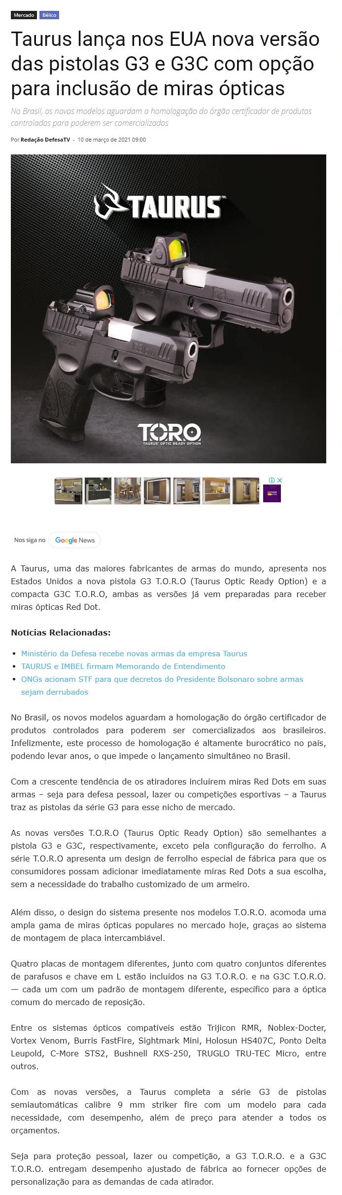 TAURUS LANçA NOS EUA NOVA VERSãO DAS PISTOLAS G3 E G3C COM OPçãO PARA INCLUSãO DE MIRAS óPTICAS