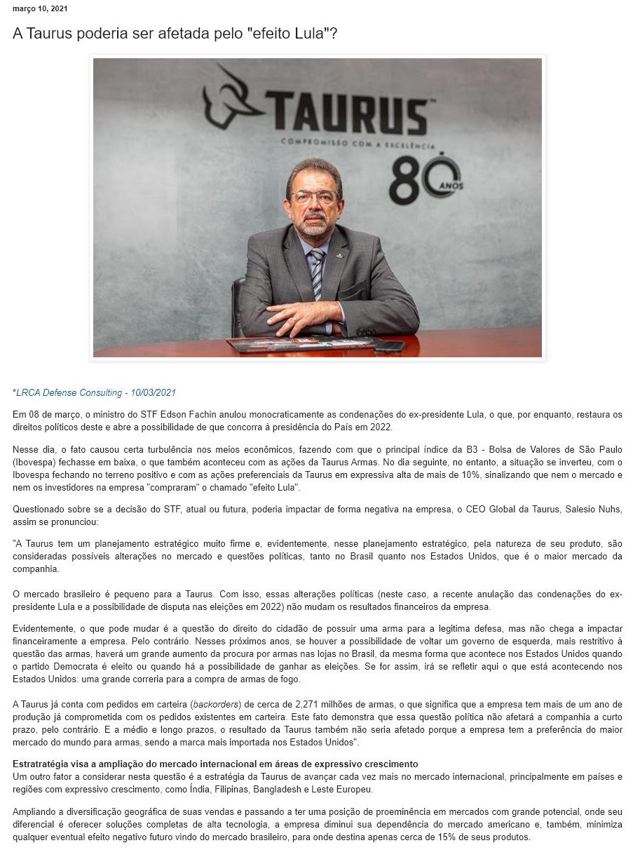 A TAURUS PODERIA SER AFETADA PELO ''EFEITO LULA''?