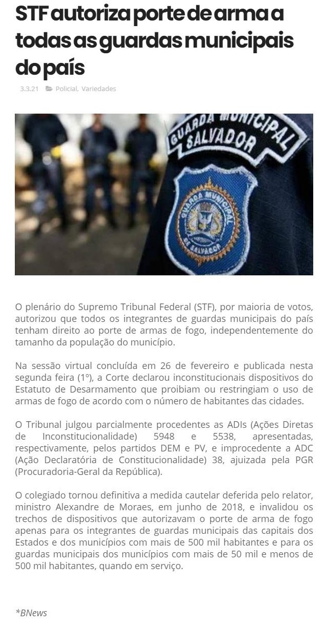 STF AUTORIZA PORTE DE ARMA A TODAS AS GUARDAS MUNICIPAIS DO PAíS