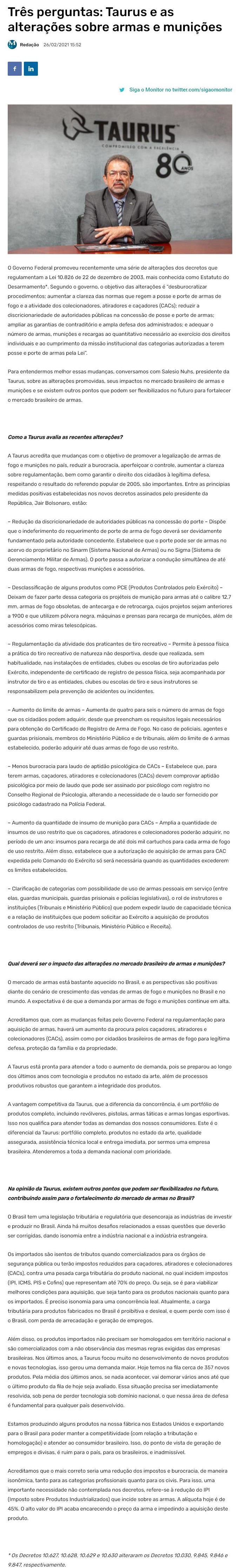 TRêS PERGUNTAS: TAURUS E AS ALTERAçõES SOBRE ARMAS E MUNIçõES
