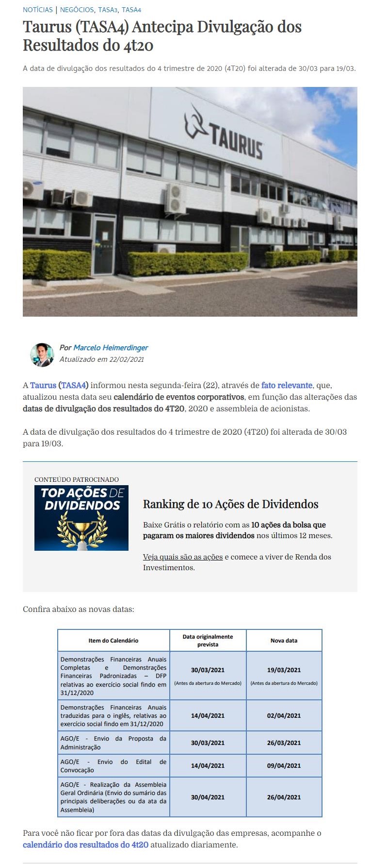  ANTECIPA DIVULGAçãO DOS RESULTADOS DO 4T20