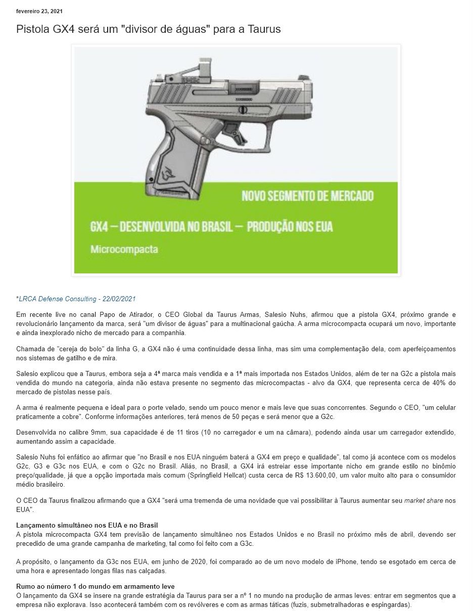 PISTOLA GX4 SERá UM ''DIVISOR DE áGUAS'' PARA A TAURUS