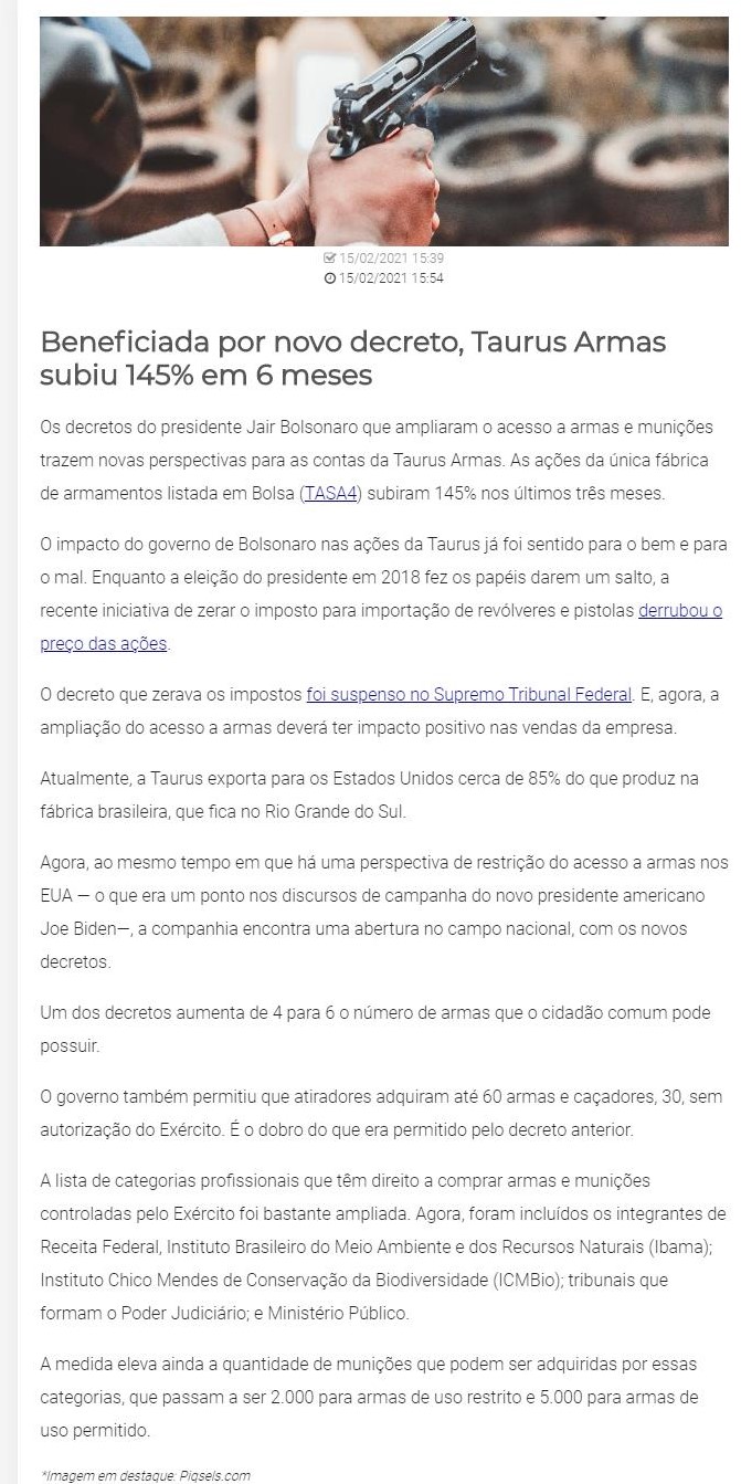 BENEFICIADA POR NOVO DECRETO, TAURUS ARMAS SUBIU 145% EM 6 MESES