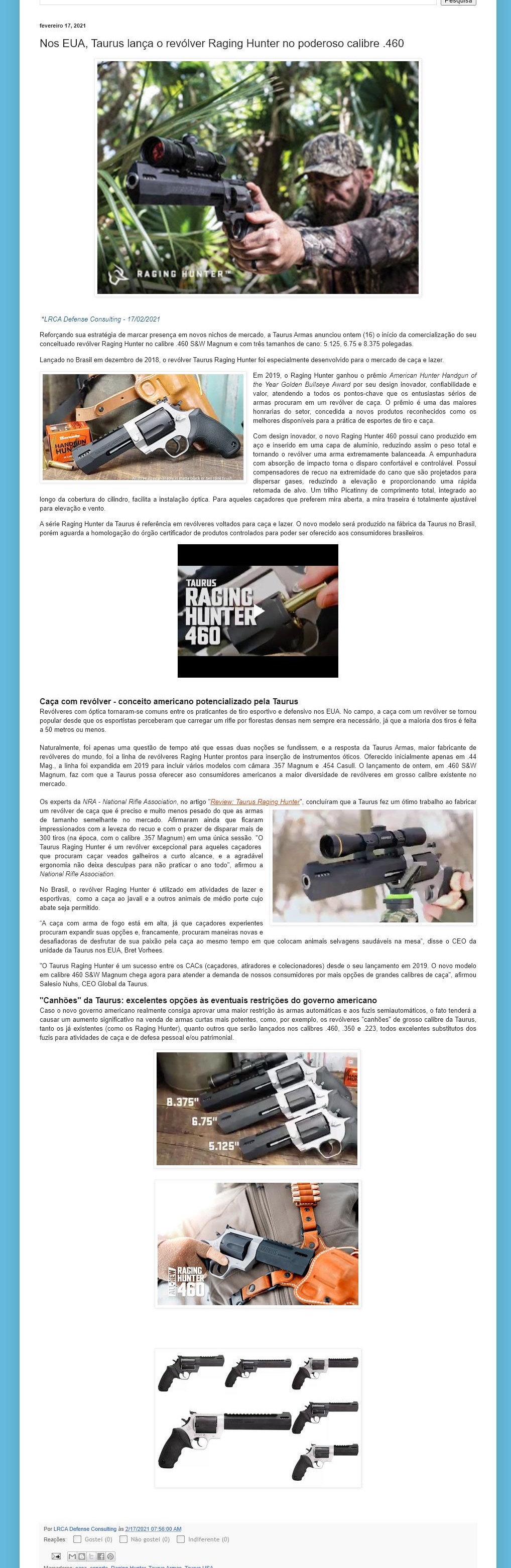 NOS EUA, TAURUS LANçA O REVóLVER RAGING HUNTER NO PODEROSO CALIBRE .460