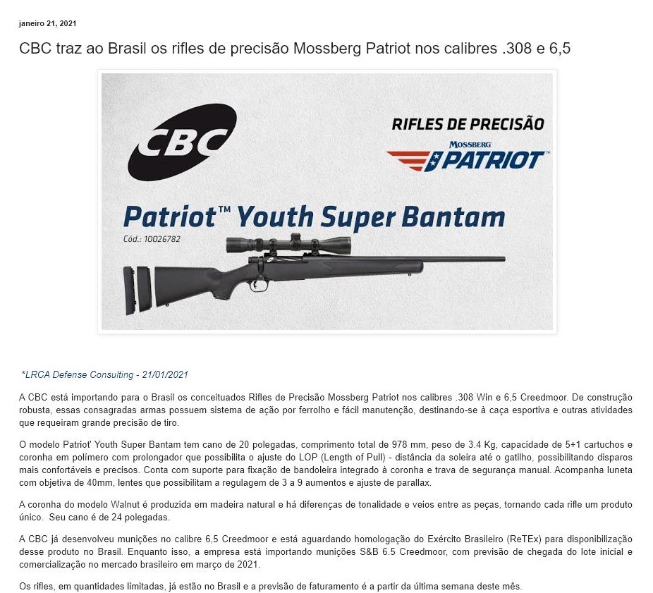 CBC TRAZ AO BRASIL OS RIFLES DE PRECISãO MOSSBERG PATRIOT NOS CALIBRES .308 E 6,5