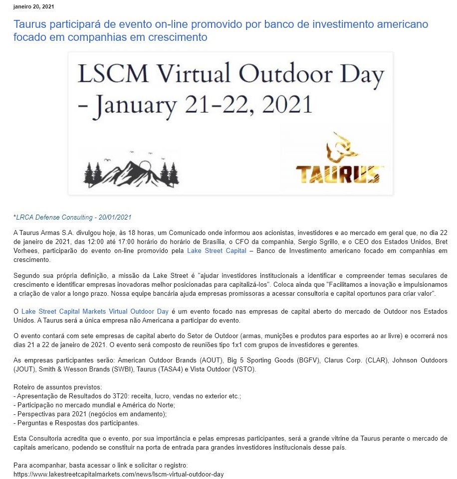 TAURUS PARTICIPARá DE EVENTO ON-LINE PROMOVIDO POR BANCO DE INVESTIMENTO AMERICANO FOCADO EM COMPANHIAS EM CRESCIMENTO