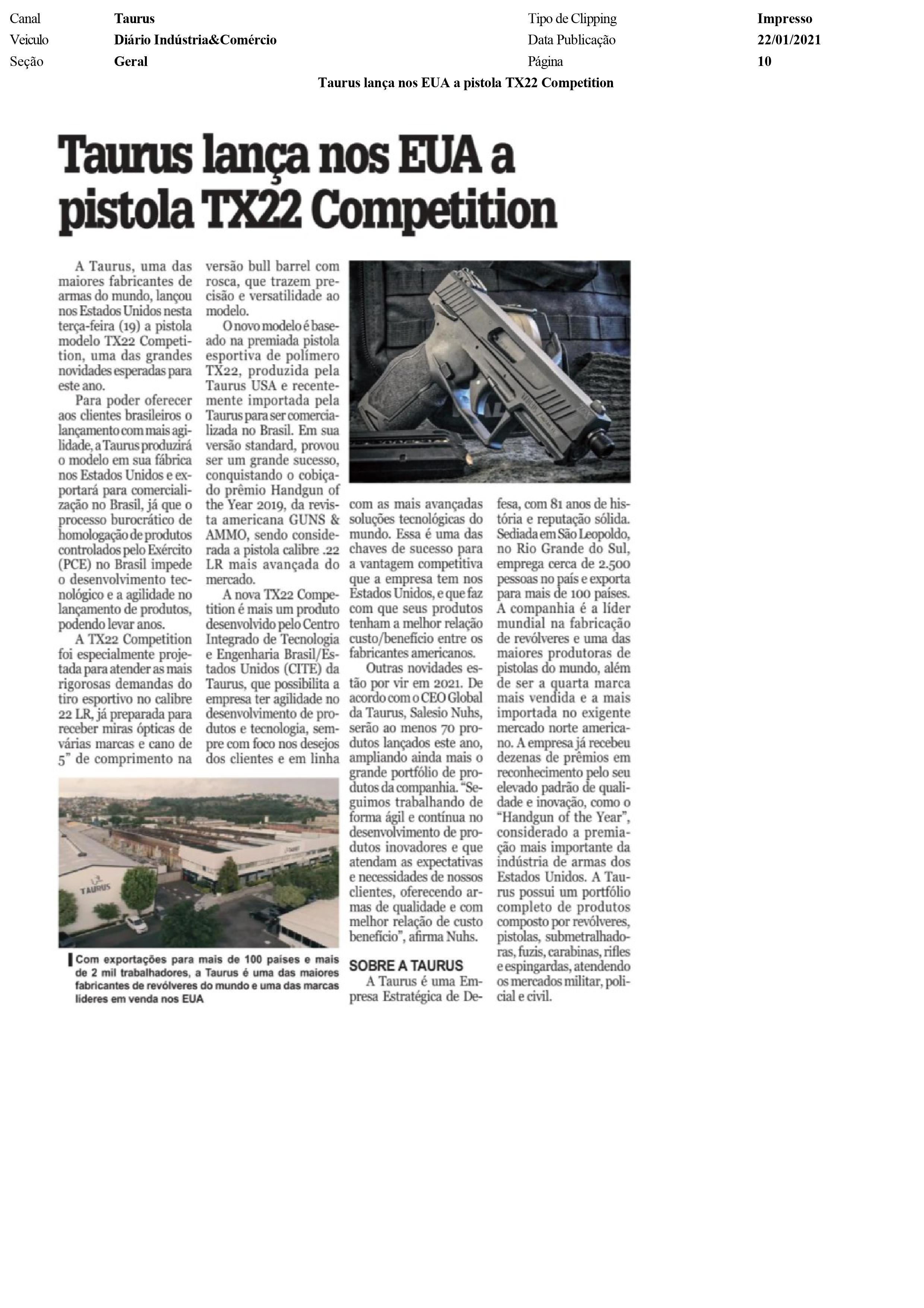 TAURUS LANçA NOS EUA A PISTOLA TX22 COMPETITION