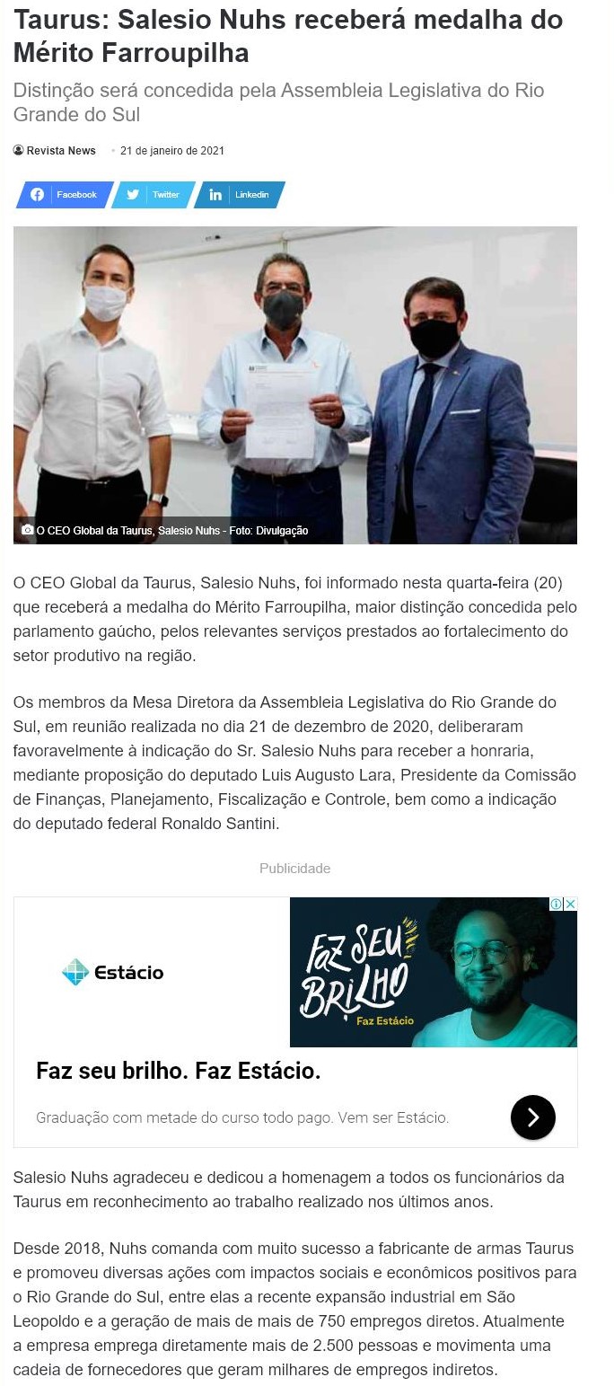 TAURUS: SALESIO NUHS RECEBERá MEDALHA DO MéRITO FARROUPILHA