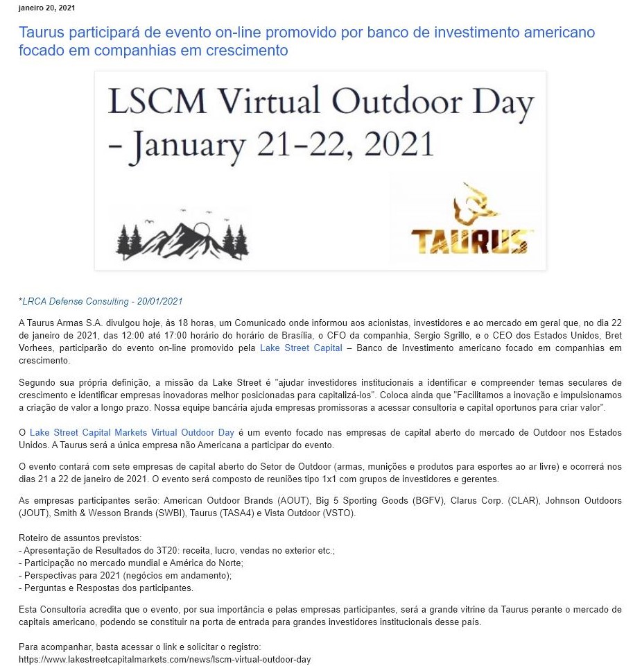 TAURUS PARTICIPARá DE EVENTO ON-LINE PROMOVIDO POR BANCO DE INVESTIMENTO AMERICANO FOCADO EM COMPANHIAS EM CRESCIMENTO
