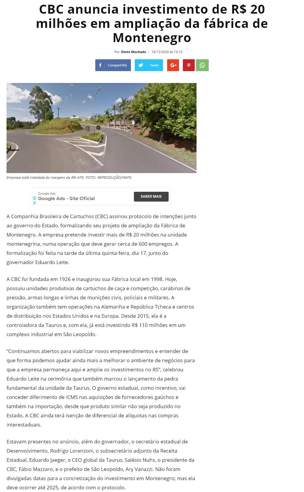 CBC ANUNCIA INVESTIMENTO DE R$ 20 MILHõES EM AMPLIAçãO DA FáBRICA DE MONTENEGRO