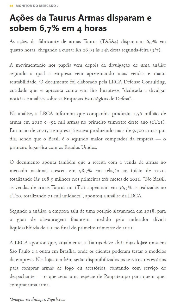 AçõES DA TAURUS ARMAS DISPARAM E SOBEM 6,7% EM 4 HORAS