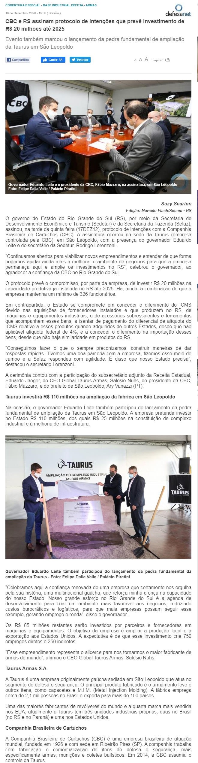 CBC E RS ASSINAM PROTOCOLO DE INTENçõES QUE PREVê INVESTIMENTO DE R$ 20 MILHõES ATé 2025